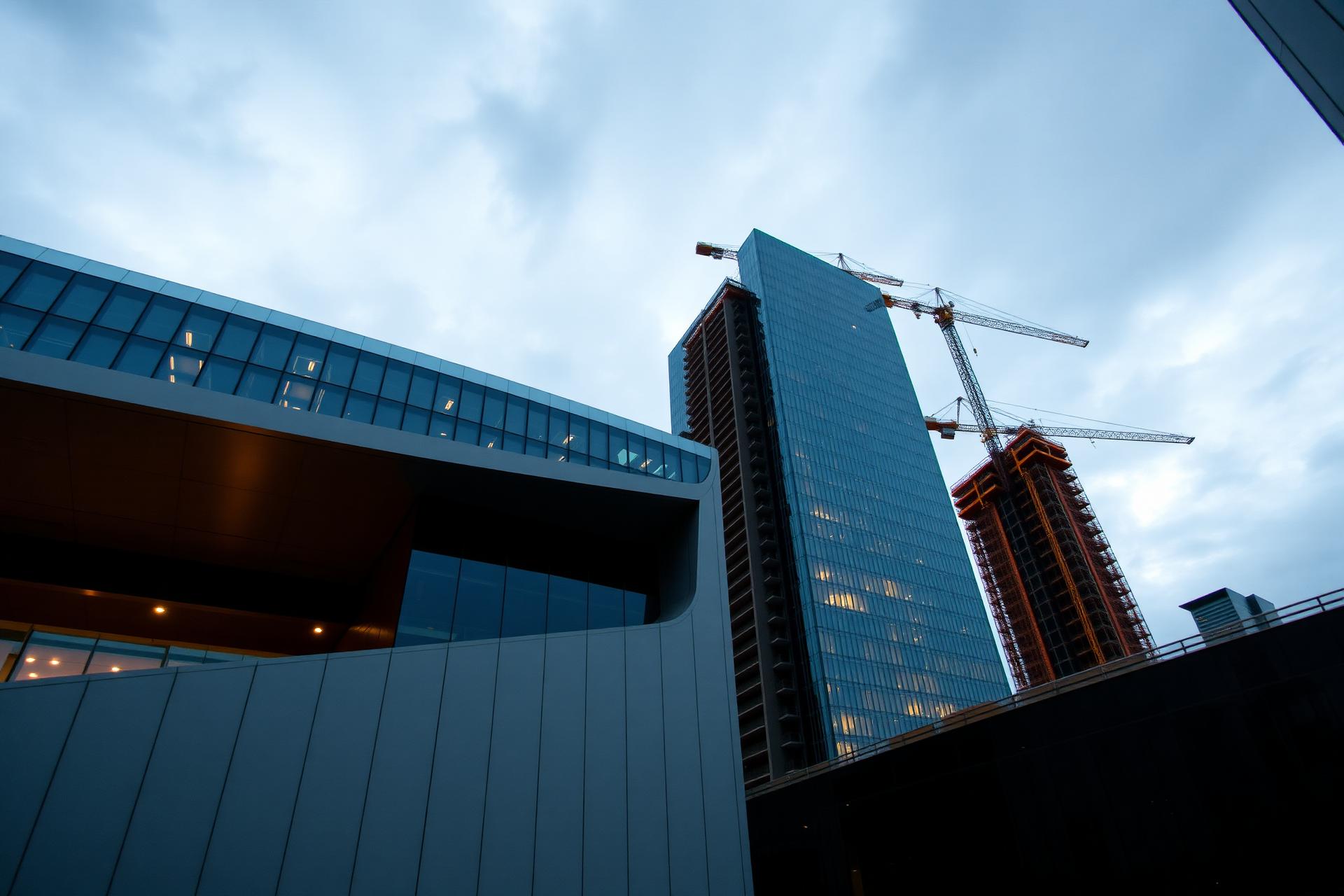 Modern high-rise construction by Kaaviya Constructions at dusk