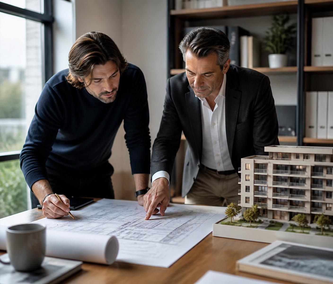 Architect and landowner reviewing joint venture plans
